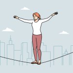 Young woman equilibrist walking on rope in air. Female walker engaged in extreme sportive physical activity. Hobby concept. Vector illustration.