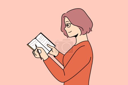 Illustration for Smiling young woman in glasses take notes in notebook. Happy female write in notepad, make plan or list. Vector illustration. - Royalty Free Image