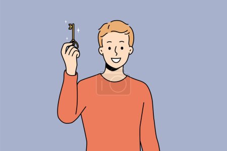 Smiling young man holding key to new house or apartment. Happy male owner excited about housing or dwelling purchase. Ownership concept. Vector illustration. 