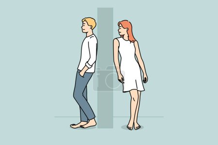 Man and woman separated by wall. Young couple stand on different sides of wall. Separation and breakup. Vector illustration. 