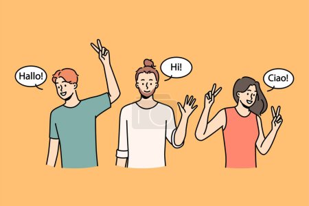 Smiling multiracial people waving hands greeting in different languages. Happy interracial men and women saying hello. Multiethnic group. Vector illustration. 