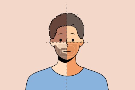 Illustration for Young man with parts of different skin color show diversity and unity. Male portrait demonstrate community multinationalism and equality. Vector illustration. - Royalty Free Image