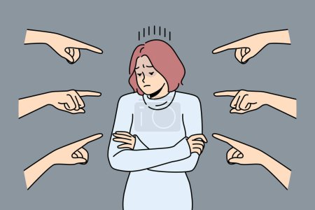Distressed young woman stand surrounded by numerous fingers pointing. Unhappy female feel bullying and harassment in society. Vector illustration. 