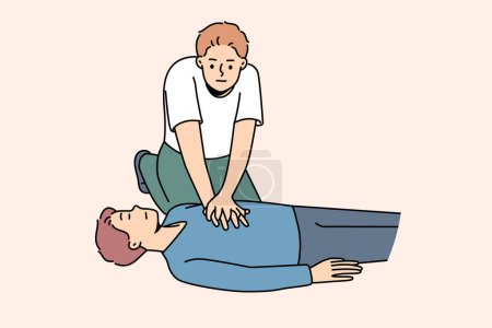 Hombre joven haciendo masaje cardíaco a un tipo tendido en el suelo sufriendo de paro cardíaco. La persona realiza resucitación de primeros auxilios. Salud y medicina. Ilustración vectorial. 