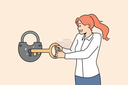 Illustration for Smiling young woman open lock with huge key. Happy businesswoman use tool for padlock opening. Problem solution. Vector illustration. - Royalty Free Image