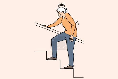 Une femme âgée en mauvaise santé qui monte à l'étage souffre de douleurs ou de douleurs. Malheureuse grand-mère mature lutte escalade escaliers à l'intérieur. Illustration vectorielle. 