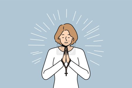Illustration for Hopeful religious young woman with rosary in hands praying. Superstitious female ask God for good fate and fortune. Religion and faith. Vector illustration. - Royalty Free Image