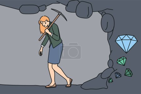 Illustration for Tired businesswoman quit struggle with diamonds digging feeling exhausted and overwhelmed with work. Concept of job fatigue and burnout. Vector illustration. - Royalty Free Image