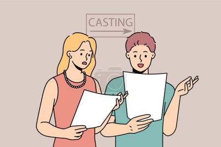 Illustration for Young people reading lines in script prepare for casting in studio. Man and woman actors rehearsal with scenario for film or movie. Acting job. Vector illustration. - Royalty Free Image