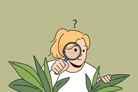 Curious young woman with magnifying glass hide in bushes spy after people or neighbors. Suspicious girl feel confused and doubtful look with magnifier. Vector illustration. 