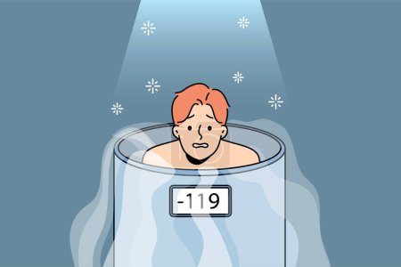 Illustration for Unhappy man in reservoir undergo cryotherapy procedure in clinic or spa. Dissatisfied male client having whole body treatment in cryosauna. Healthcare. Vector illustration. - Royalty Free Image