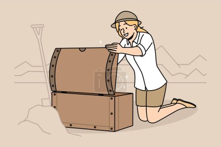 Young woman archaeologist open chest with treasures on archeological site. Smiling female paleologist discover artifacts in desert. Vector illustration. 