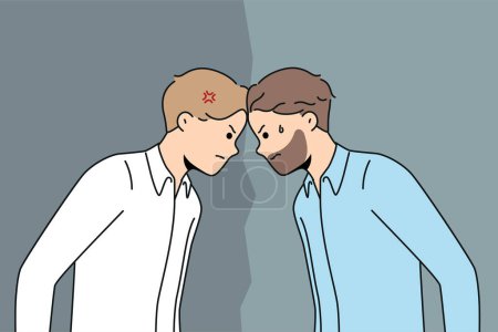 Illustration for Furious male employees stand against each other. Mad men rivals or competitors having fight or misunderstanding. Rivalry and competition. Vector illustration. - Royalty Free Image