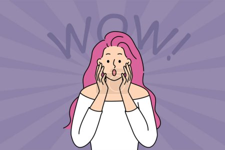 Stunned young woman with pink hair make facial expression feeling shocked and surprised. Amazed girl show wow gesture amazed with news. Vector illustration. 