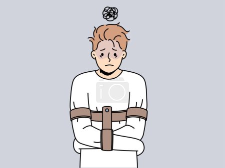 Illustration for Stressed man in straitjacket suffer from mental problems. Unhappy guy struggle from psychological issues in psychiatric hospital. Vector illustration. - Royalty Free Image
