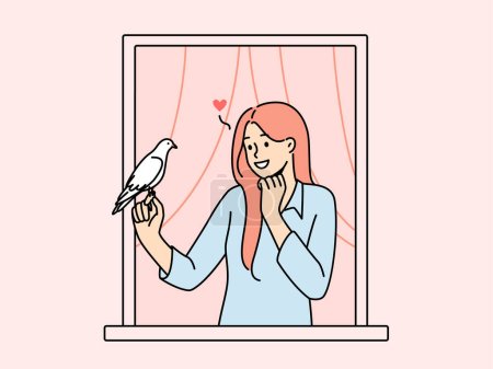 Illustration for Smiling woman in house window holding pigeon in hands. Girl in love sending love letter with bird. Vector illustration. - Royalty Free Image