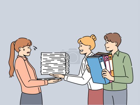 Illustration for Smiling employees give stacks of paperwork to stressed subordinate. Happy workers pass pile of papers and documents to shocked colleague. Workload. Vector illustration. - Royalty Free Image