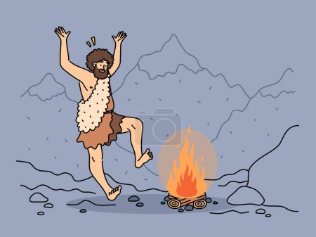 Téléchargez les illustrations : Un Indien danse près du feu dans la nature. Ancêtre mâle tribal près du feu de camp dans le paysage montagneux. Illustration vectorielle. - en licence libre de droit