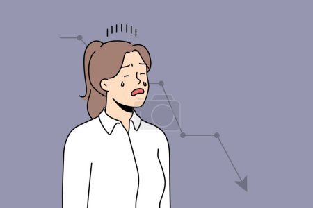 Illustration for Unhappy businesswoman cry stressed with financial graph going down. Distressed female employee or worker frustrated with economic recession or crisis. Vector illustration. - Royalty Free Image