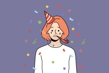 Unhappy woman in birthday hat blow in whistle celebrate anniversary alone. Upset girl feel lonely and abandoned at party celebration. Vector illustration. 