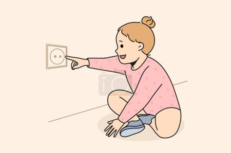 Happy cute girl child stretch finger to electrical socket at home. Smiling kid play with dangerous electricity outlet in apartment. Children and danger. Vector illustration. 