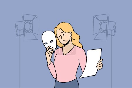 Professional actress with mask in hands rehearse in theatre. Woman with script perform on stage. Artistic profession or occupation. Vector illustration. 