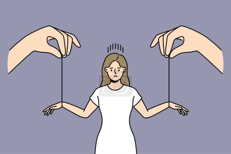 Illustration for Huge hands with threads manipulate stressed woman. Unhappy female manipulated by boss or employer. Manipulation and leadership. Vector illustration. - Royalty Free Image