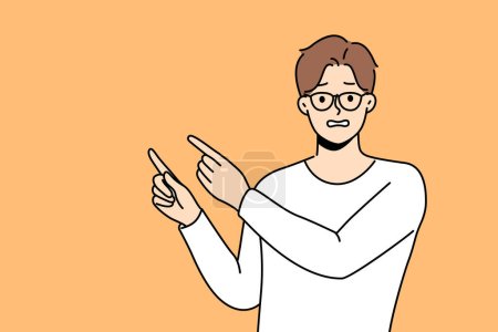 Illustration for Frustrated man point with finger at empty advertising space. Confused unhappy guy recommend deal or offer feel awkward. Vector illustration. - Royalty Free Image