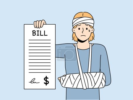 Illustration for Unhappy crying woman with hand in cast show long expensive medical check. Upset girl demonstrate hospital bill. Healthcare and medicine expenses. Vector illustration. - Royalty Free Image