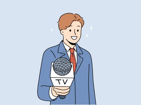 Illustration for Male journalist with microphone in hands interview audience. Man reporter or host stretch mic to camera. Journalism and broadcast. Vector illustration. - Royalty Free Image