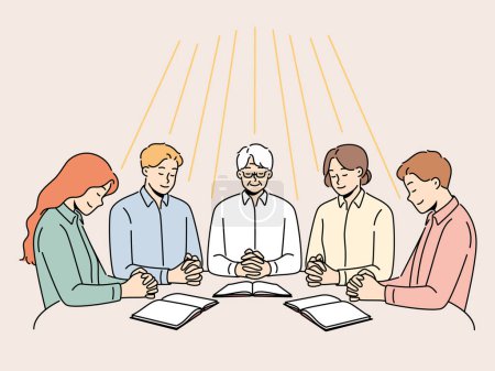 Illustration for Group of diverse people sit at table praying together. Men and women engaged in prayer ask god for fate and fortune. Faith and religion. Vector illustration. - Royalty Free Image