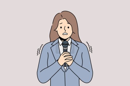 Anxious woman in suit scared talking on microphone on meeting or seminar. Worried female speaker with mic in hands feel terrified giving speech in public. Vector illustration. 