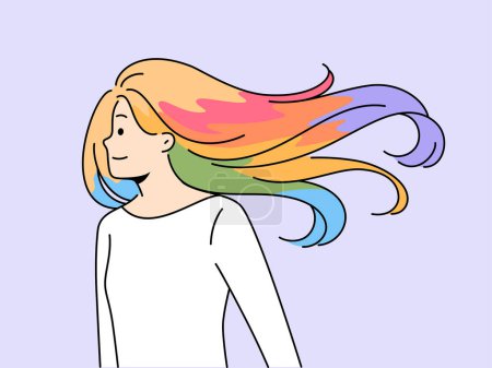 Illustration for Smiling woman with colorful dyed hair. Happy female with creative hairstyle and haircolor. Beauty and cosmetics. Vector illustration. - Royalty Free Image