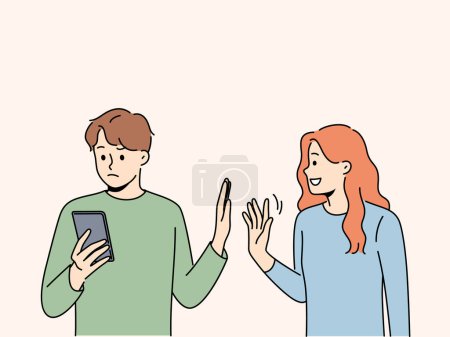 Man reject smiling loving woman showing attention. Busy guy using cellphone avoid and ignore persistent female show interest. Relationship problem. Vector illustration. 