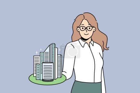 Illustration for Smiling businesswoman hold building model on hand work in real estate. Happy confident broker or agent recommend property loan or mortgage. Realty and rent. Vector illustration. - Royalty Free Image