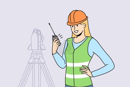 Illustration for Smiling woman engineer in helmet and uniform working with geodetic equipment on construction site. Happy female surveyor engineer on building area. Vector illustration. - Royalty Free Image