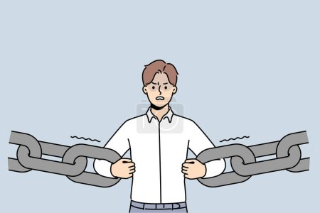 Illustration for Confident decisive businessman break chain get free from credit or bank loan. Angry male employee holding chain receive freedom from financial slavery. Vector illustration. - Royalty Free Image