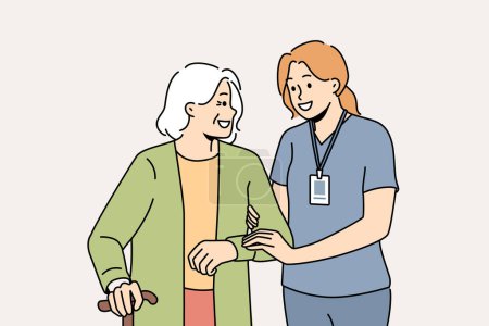 Smiling female caregiver help mature woman with walking. Happy nurse in uniform assist elderly grandmother with walking stick. Vector illustration. 