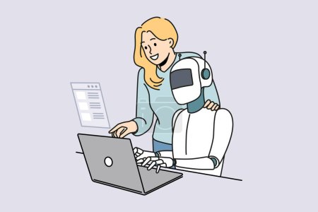 Illustration for Female employee and robotic assistant work together on computer. Robot tester search program bugs and mistakes in software on laptop. QA concept. Vector illustration. - Royalty Free Image