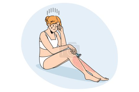 Illustration for Skin problems after shaving concept. Young crying female sitting with red sore legs having problems with shaving vector illustration - Royalty Free Image