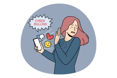 Cyber bullying and online crime concept. Stressed crying girl standing and trying not to look at smartphone with dislikes and negative information vector illustration