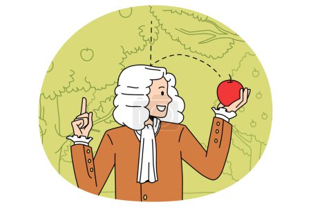 Illustration for Science and physical experience concept. Sir Isaac Newton scientist standing and exploring gravity with red fallen apple in hands vector illustration - Royalty Free Image