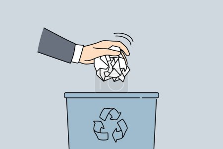 Illustration for Man hand put paper in trash bin. Closeup of male throw crumpled paperwork in garbage container. Concept of recycling and waste sorting. Vector illustration. - Royalty Free Image