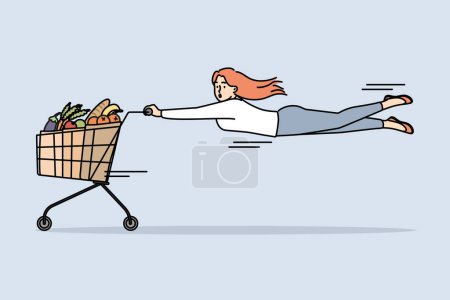 Ilustración de Una mujer tirada por un carrito lleno de víveres. Cliente femenino frustrado comprando comestibles en el supermercado a la venta o promoción. Ilustración vectorial. - Imagen libre de derechos
