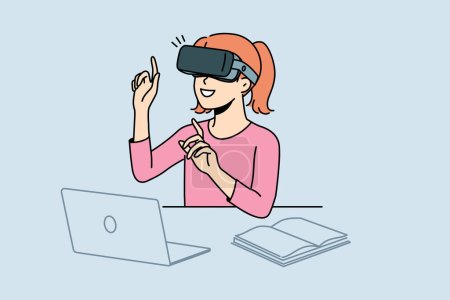 Illustration for Smiling girl child sit at desk studying with VR glasses. Happy kid in virtual reality headset use stimulator for learning. Education and technology. Vector illustration. - Royalty Free Image