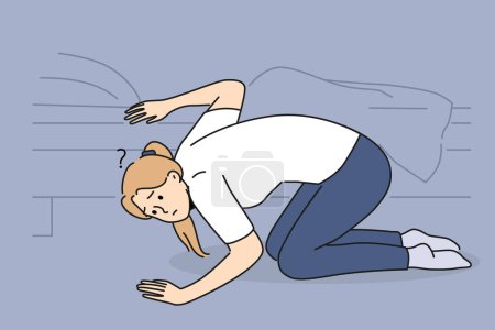 Mujer confusa mirando debajo de la cama en casa. Chica frustrada búsqueda de objetos perdidos en el dormitorio. Ilustración vectorial. 