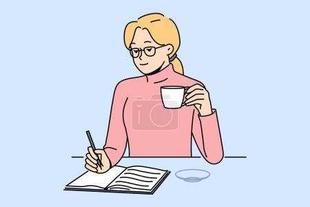 Ilustración de La mujer se sienta a la mesa a tomar café tomando notas en el cuaderno. Escribir a mano chica en almohadilla disfrutar de la bebida de la taza en casa. Ilustración vectorial. - Imagen libre de derechos