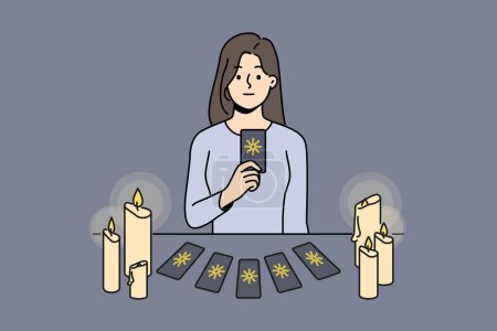 Illustration for Female soothsayer sit at table with cards predict future. Witch or magician tell fortune with tarot cards. Vector illustration. - Royalty Free Image