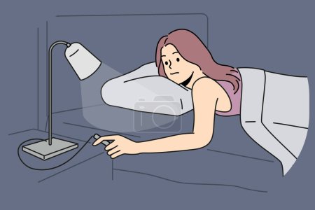 La mujer acostada en la cama apaga la lámpara de la mesa. Chica relajarse listo para dormir en casa luces de interruptor de dormitorio. Ilustración vectorial. 