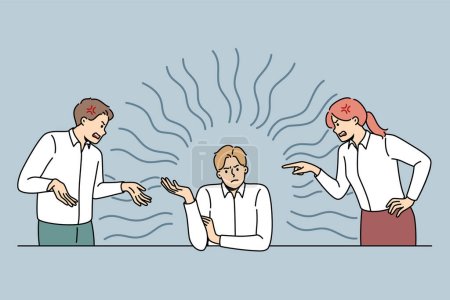 Illustration for Employees fight quarrel with selfish male colleague in office. Coworkers or businesspeople work argue in unhealthy workplace environment. Teamwork problems. Vector illustration. - Royalty Free Image
